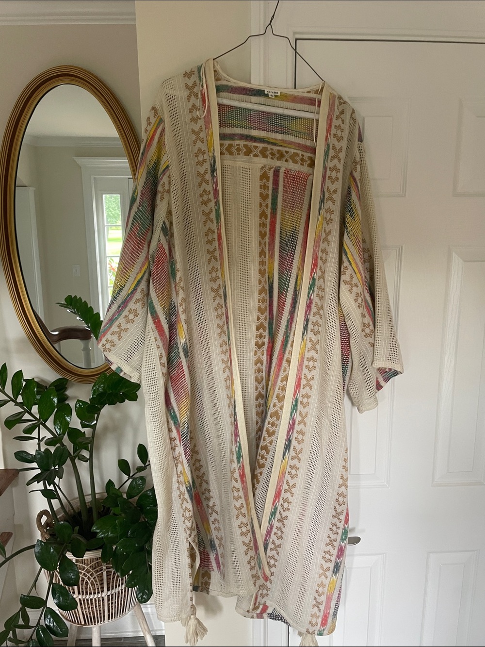 En Creme Cream Open Crochet Cardigan with Multicolor Stripes